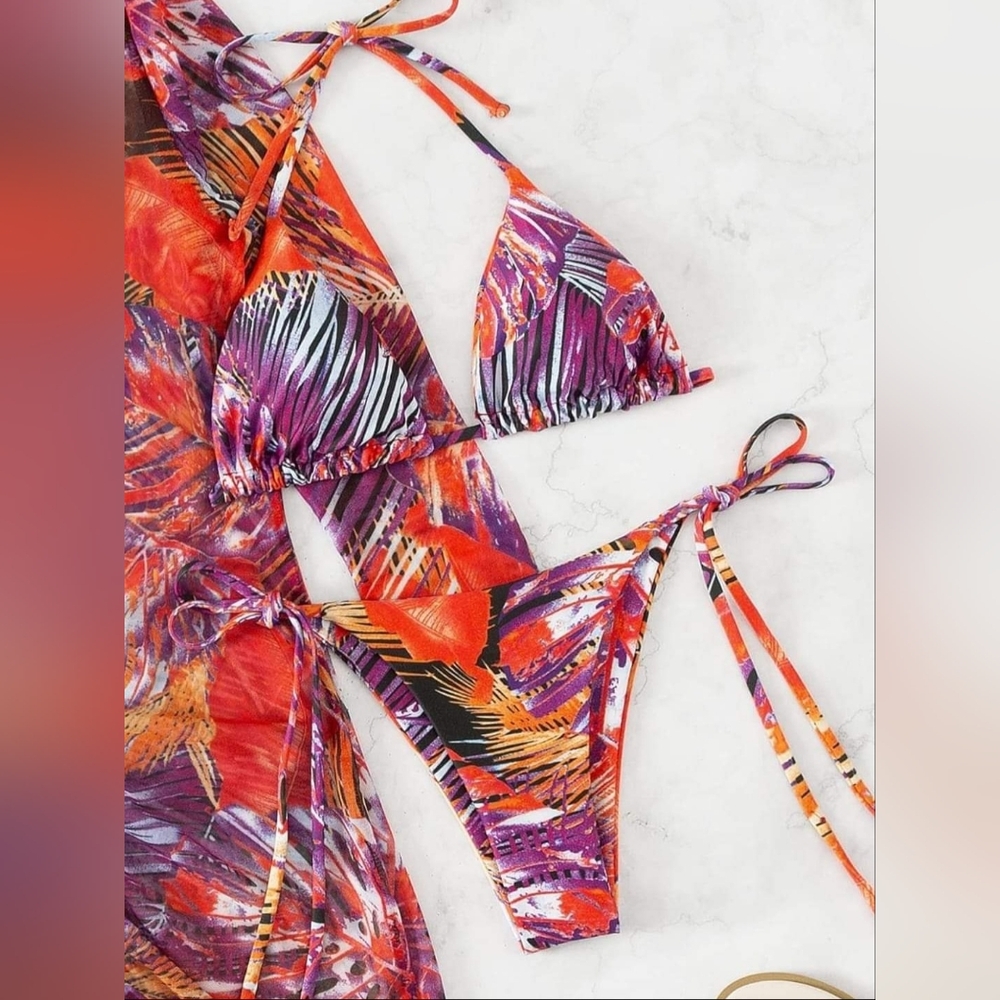 SOLY HUX Women Size M 3 Pc. Bikini & Coverup Set Multicolor Boho Tropical NWOT - Picture 3 of 5